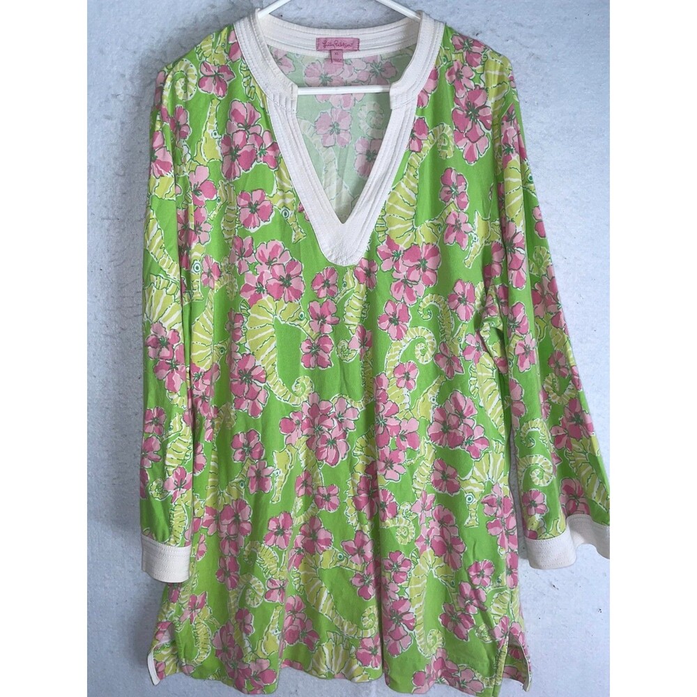 Lilly Pulitzer Joy Tunic Limeade Floaters Seahorse Pink Green Top XL Women's